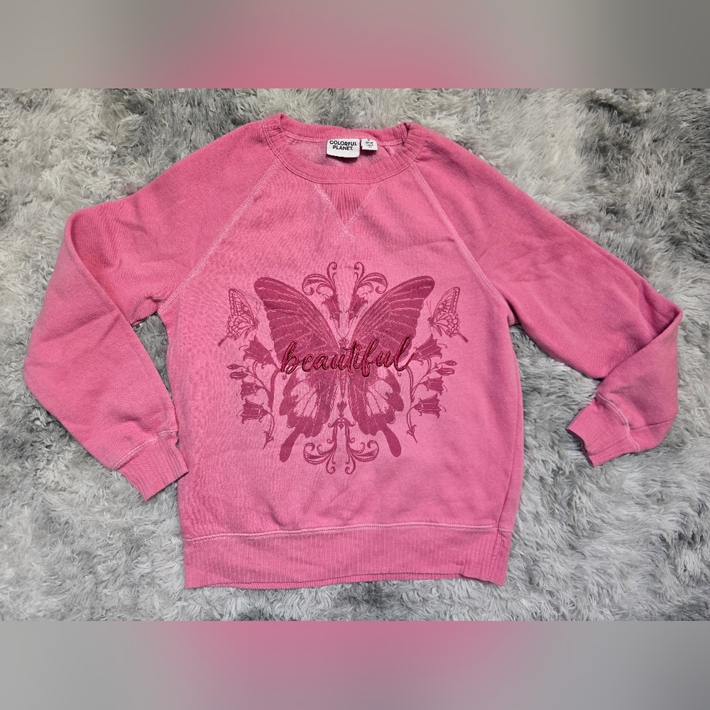 Colorful Planet Pink Butterfly Graphic Sweatshirt Embroidered Girls XL 14/16